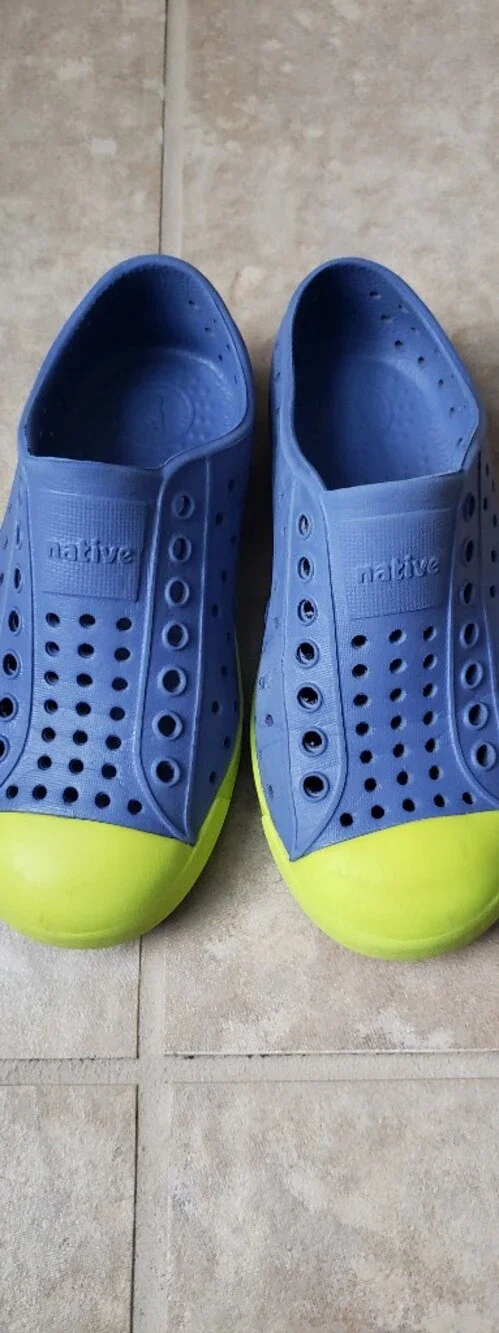 Native Shoes Kids Blue with Neon Yellow Trim Slip-On Water Shoes Size 10